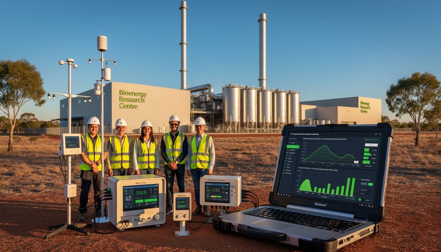 Industrial biomass processing facility in Australian rural setting with storage silos