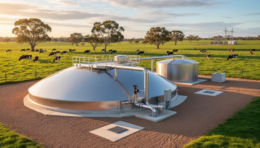 Anaerobic digester dome with gas pipes and valve at an Australian dairy farm during golden hour, with grazing cattle, eucalyptus trees, and rolling paddocks in the background, illustrating methane capture for renewable energy.