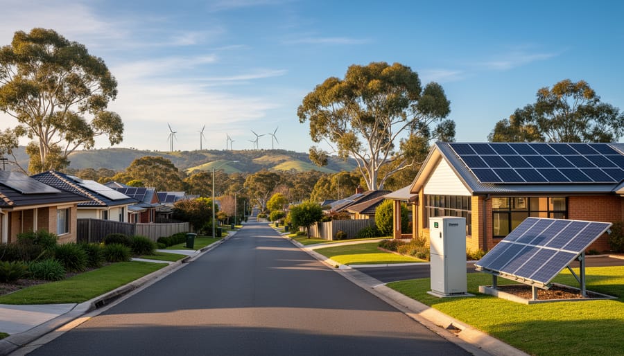 Australian suburban street with multiple homes fitted with rooftop solar panels, a small ground-mounted solar array, and a compact community battery beside a hall, under warm golden-hour light with gum trees and distant wind turbines.