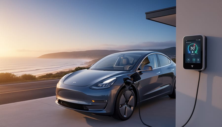 Electric vehicle charging at Australian home with solar panels during sunset