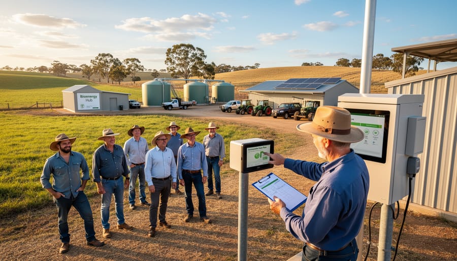 Australian farmer at bioenergy facility with agricultural crops in rural setting