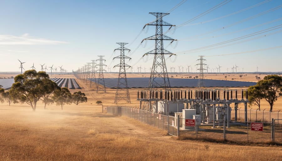 Electrical transmission towers and power lines connecting to bioenergy facility in rural Australia