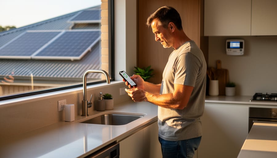Australian homeowner in a sunlit modern kitchen switches off a standby power socket while glancing at a smartphone; solar panels visible on a corrugated roof through the window, with appliances and a wall smart meter softly out of focus.