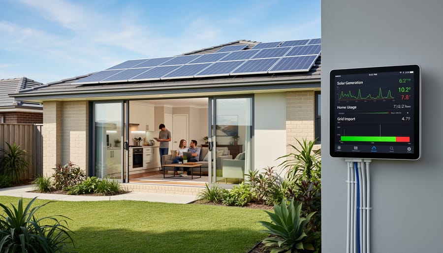 Australian residential home with solar panels on roof during morning sunrise