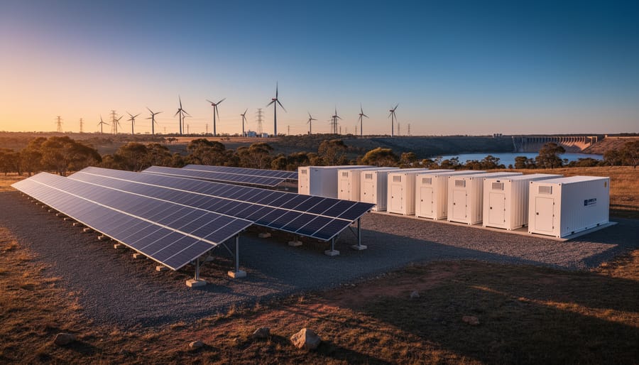 Australian renewable energy site at dusk with solar panels and white battery storage containers in sharp focus, golden hour light, and softly blurred background showing wind turbines, power lines, eucalyptus-covered hills, and a small reservoir dam under a blue-orange sky.