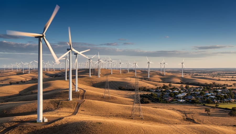 Expansive Australian wind farm with multiple turbines across rolling landscape