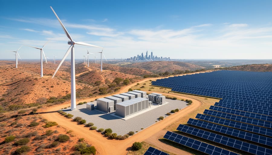 Wind turbines and solar panels in Australian countryside landscape