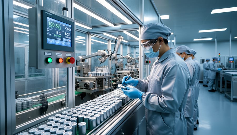 Modern battery manufacturing facility with climate-controlled production environment and automated assembly systems