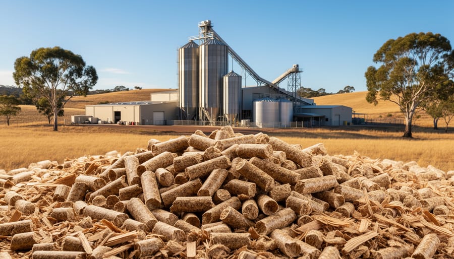 Close-up of biomass energy pellets and wood chips held in worker's hands