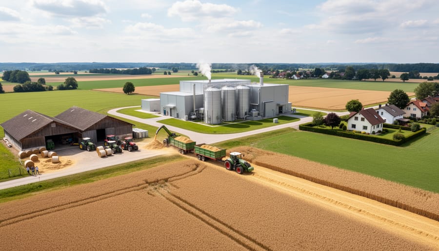 Bioenergy facility positioned adjacent to agricultural fields with crop residue