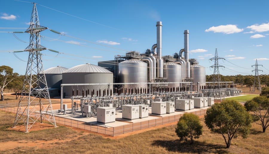 Industrial bioenergy generation facility with biogas digesters in agricultural setting