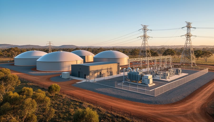 Modern bioenergy facility with anaerobic digester domes next to an electrical substation and transmission towers in a rural Australian landscape at golden hour.