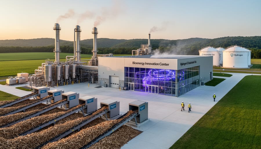 Modern industrial bioenergy processing facility with renewable energy infrastructure