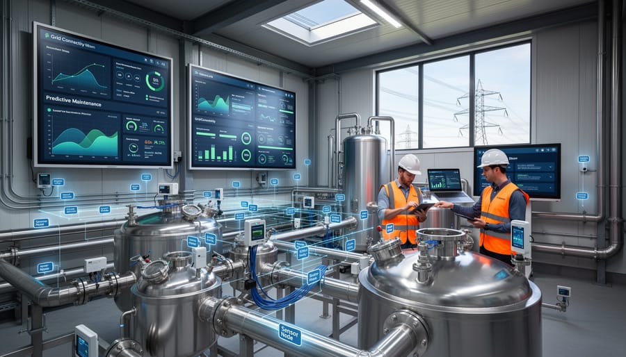Modern biomass boiler facility with integrated smart monitoring sensors and equipment