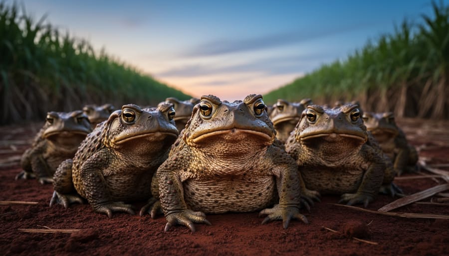 Cane toad in Australian bushland environment showing invasive species threat