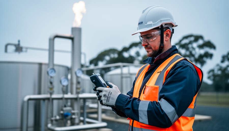 Environmental engineer in high-visibility PPE using a handheld gas analyzer beside stainless-steel biogas digesters and a flare stack, with pipework and distant gum trees softly blurred under overcast daylight