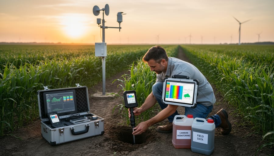 Close-up of digital soil sensor being used to measure carbon content in agricultural field
