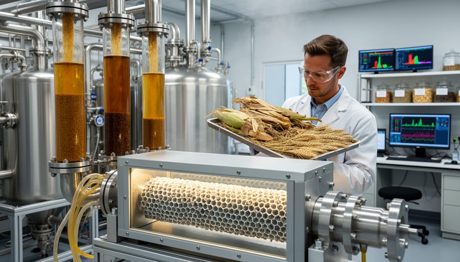 Advanced catalyst material displayed alongside biomass feedstock in research laboratory