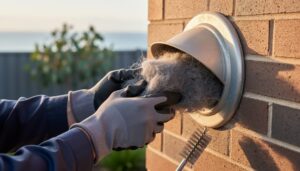 Gloved hands pulling a dense lint mass from a round exterior dryer vent hood on a brick wall, lit by warm afternoon sun, with blurred eucalyptus foliage and coastal garden in the background.