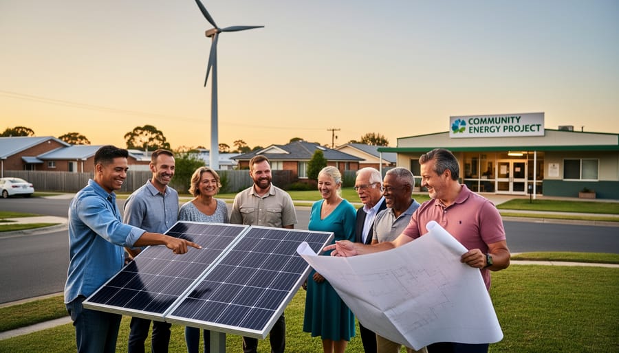 Community members collaborating on renewable energy project planning