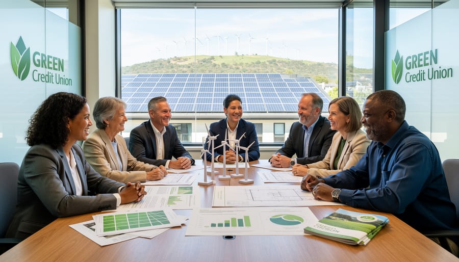 Business owners and farmers meeting outdoors with renewable energy infrastructure in background