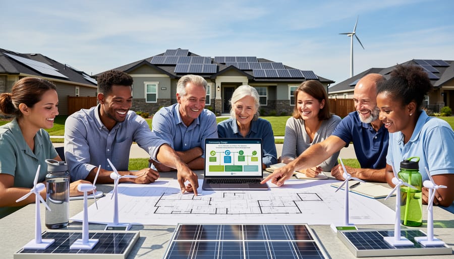 Group of diverse community members standing together near residential solar panel installation