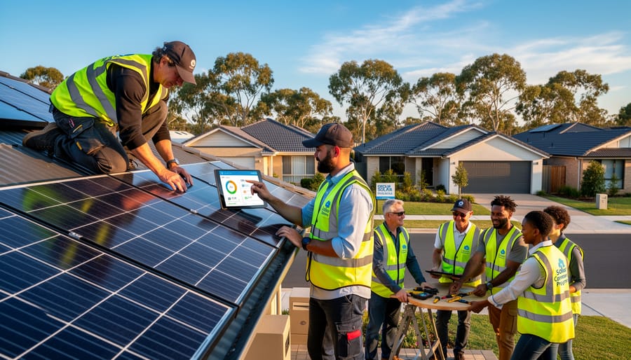 Aerial view of Australian suburban neighborhood with solar panels on multiple residential rooftops
