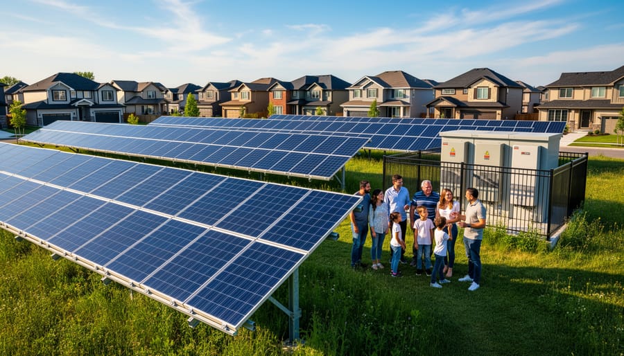 Ground-mounted community solar panel array in suburban neighborhood setting