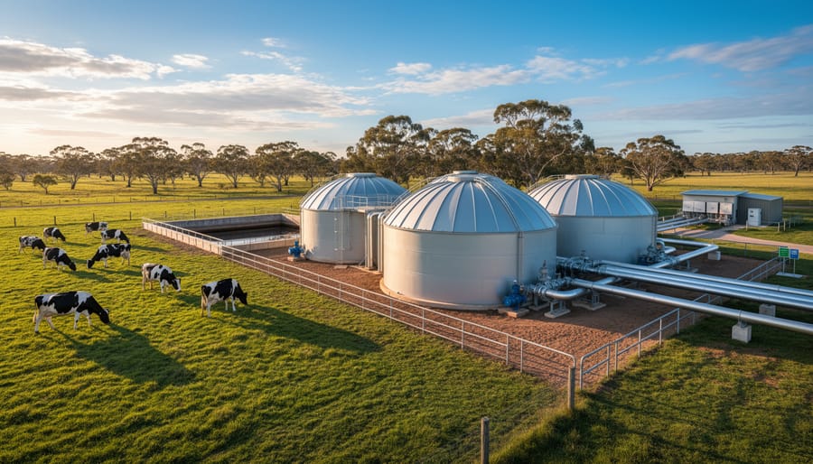 Industrial biogas digester facility on Australian dairy farm with cattle grazing in background