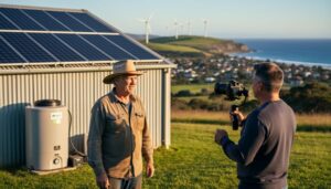 Australian farmer being interviewed on camera next to rooftop solar panels and a small bioenergy digester, with wind turbines on a distant ridge and a coastal town softly blurred in golden hour light