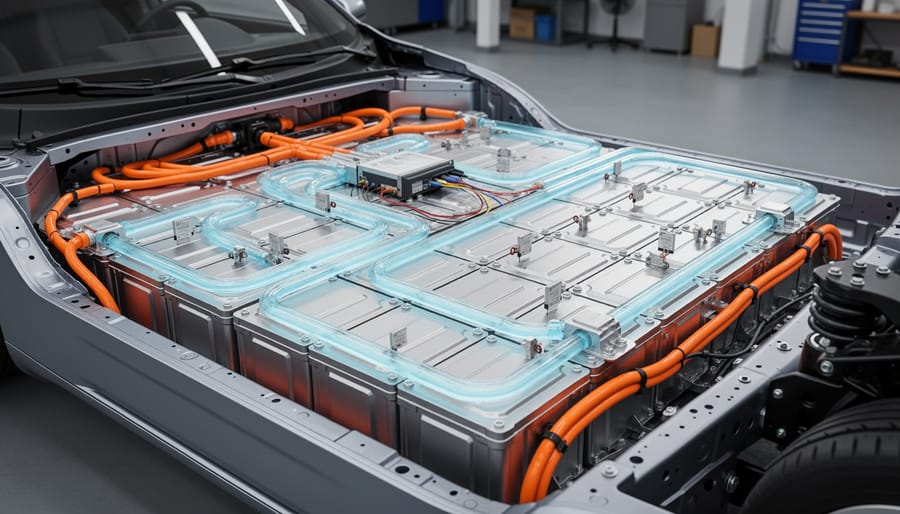 Cutaway view of electric vehicle battery pack showing integrated cooling system and thermal management components