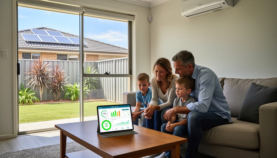 Family gathered around tablet viewing energy monitoring data in modern kitchen