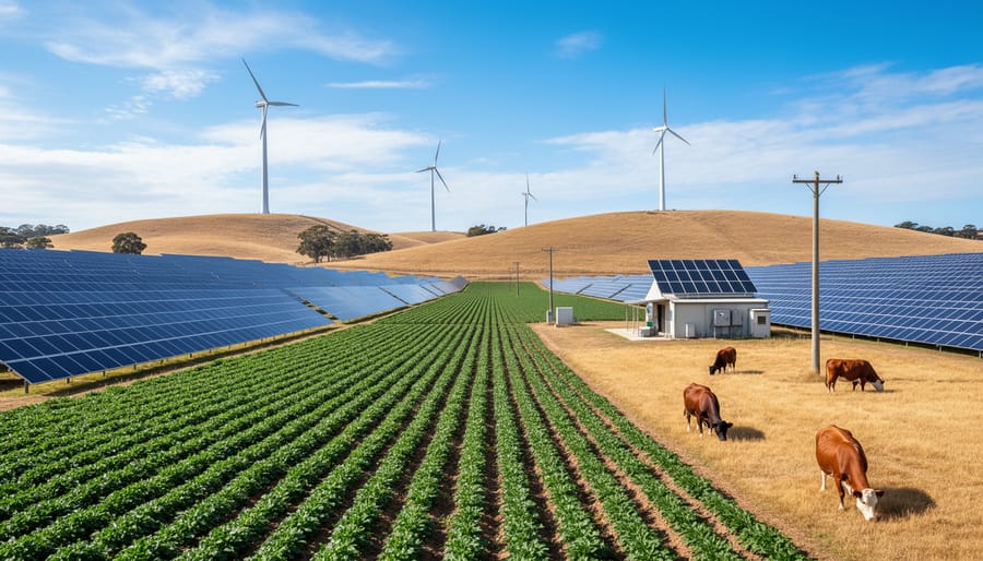 Aerial view of Australian farm with extensive solar panel installation on agricultural buildings