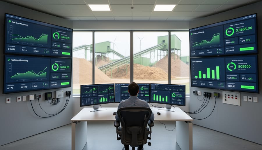 Farm operator monitoring biogas digester performance using tablet connected to smart meters