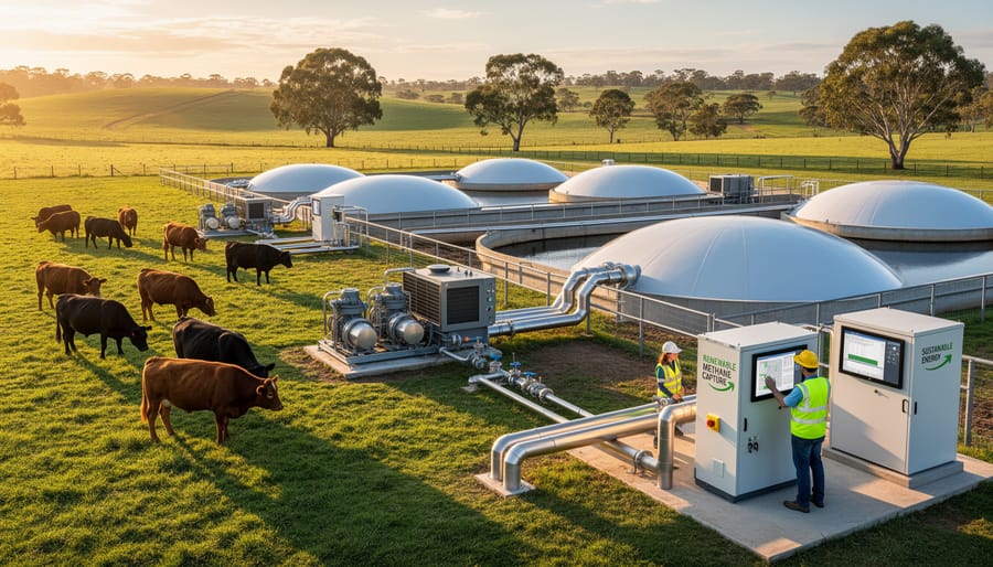 Aerial view of Australian farm with integrated biogas renewable energy facility
