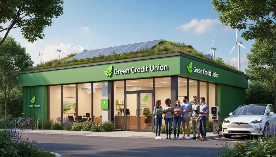 Modern credit union building with integrated solar panels and green wall vegetation