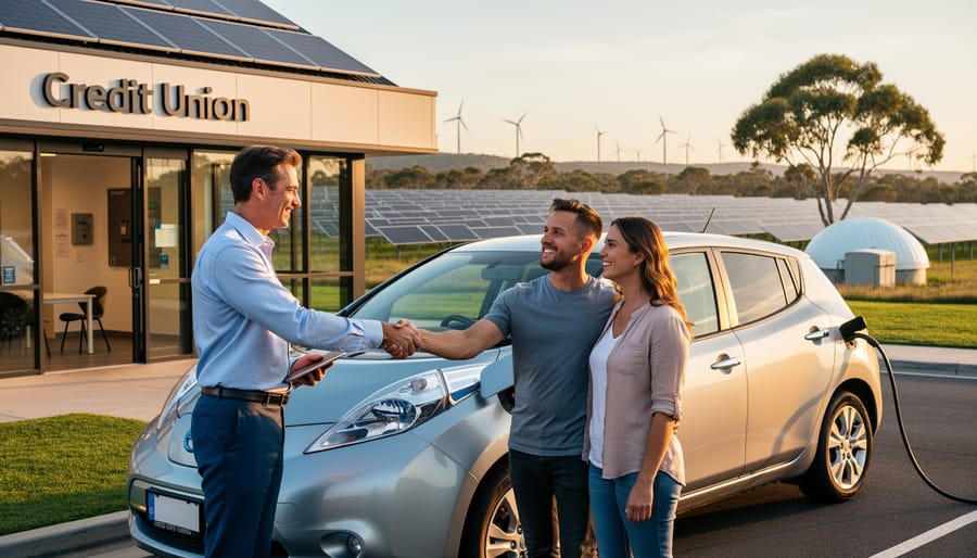 Australian couple greeting a credit union advisor next to an electric vehicle outside a solar-powered community branch at golden hour, with a blurred community solar array, small biogas dome, gum trees, and distant wind turbines in the background.