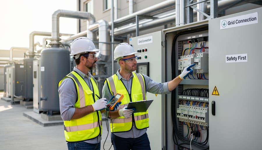 Electrical engineer inspecting grid connection equipment at bioenergy facility