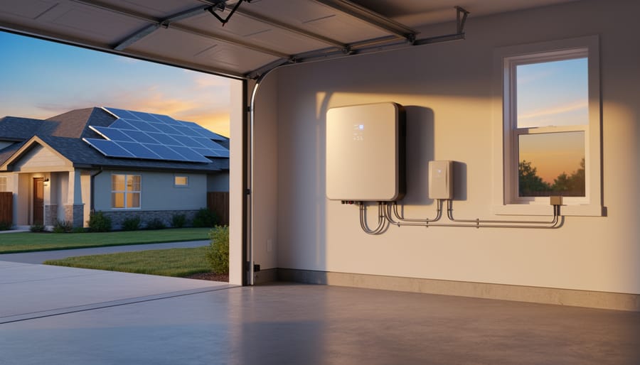 Modern home battery storage system installed on residential garage wall