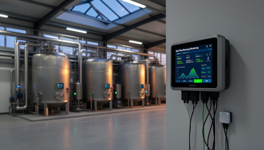 Modern IoT smart meter installed on industrial wall in bioenergy facility