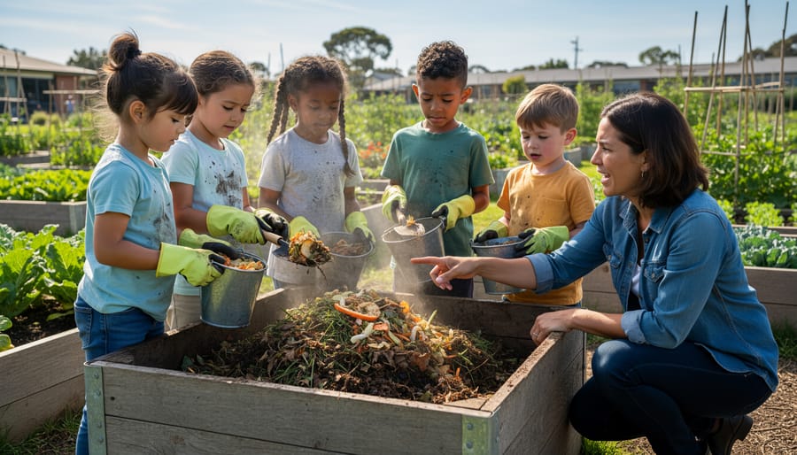 Child's hands holding rich compost soil with earthworms during kindergarten sustainability lesson