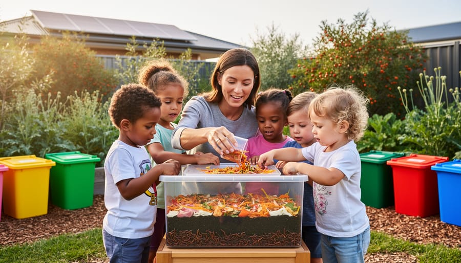 Children and an educator composting vegetable scraps into a transparent worm farm in a kindergarten garden, with native Australian plants, color-coded bins without text, and a small rooftop solar panel in the background under warm morning light.