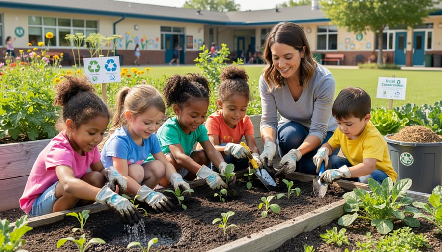 Kindergarten children sitting in circle outdoors examining seedlings with teacher during sustainability workshop