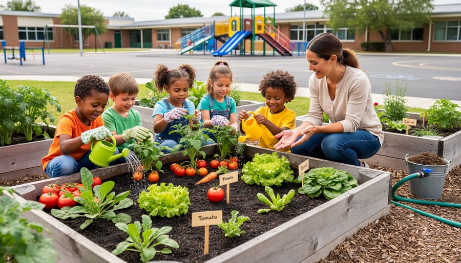 Kindergarten students tending to classroom vegetable garden with raised planter boxes