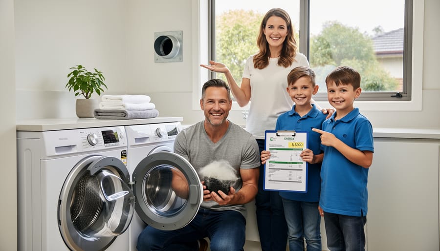 Happy Australian family in clean modern laundry room with energy-efficient dryer