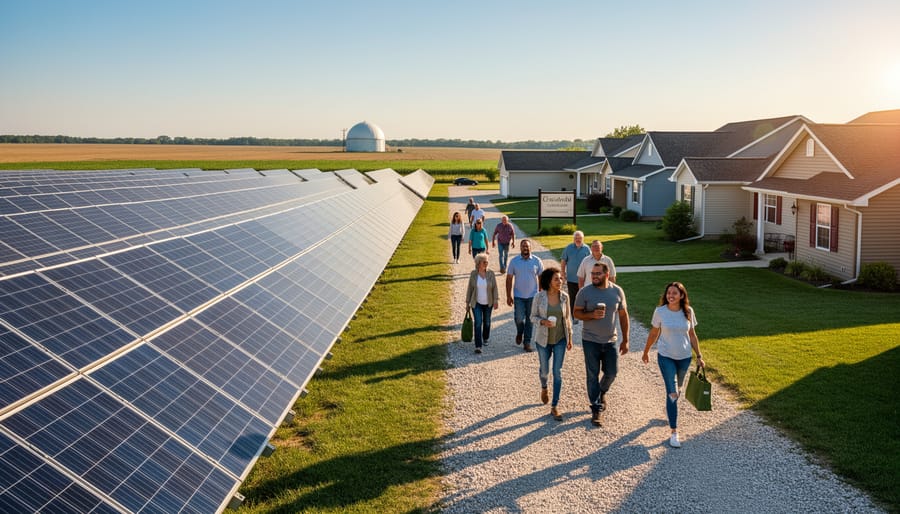 Residents walking beside rows of community solar panels in an Ohio neighborhood at sunset, with homes, a community center, farm fields, and a small biogas digester dome in the distance.