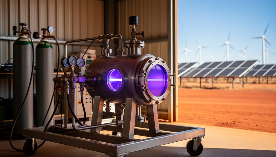 Violet-blue plasma glows inside a compact reactor on an industrial skid in an outback workshop, with blurred solar panels and wind turbines in the background.