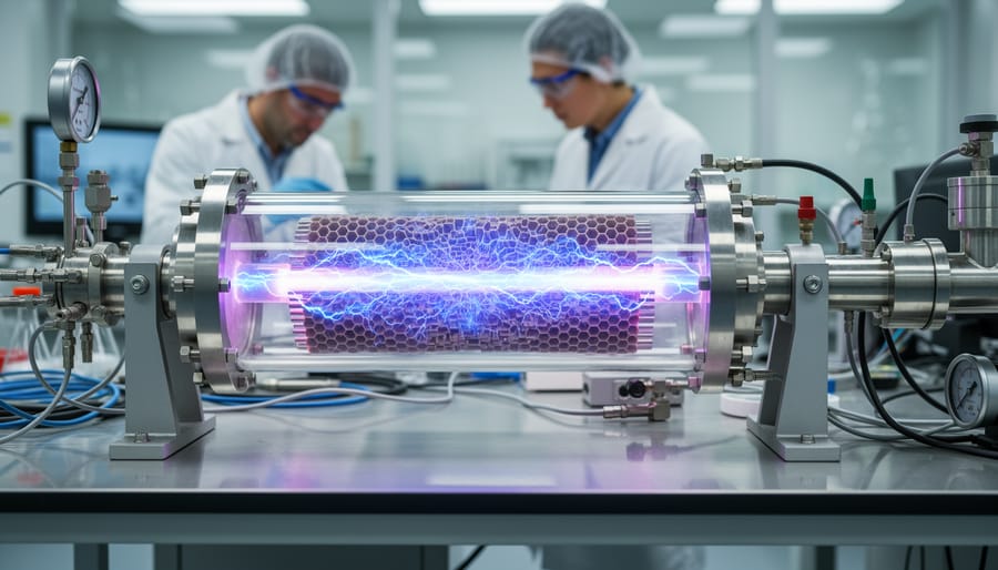 Glowing plasma discharge in scientific reactor vessel with catalyst material