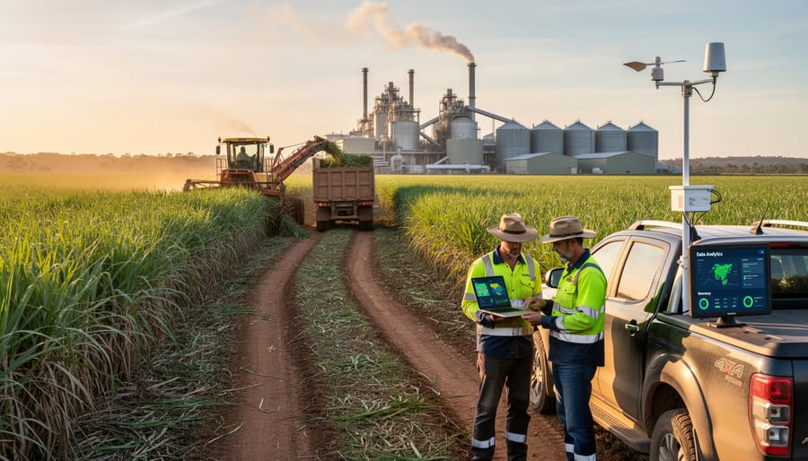 Sugarcane farmer using tablet technology in Queensland sugarcane field