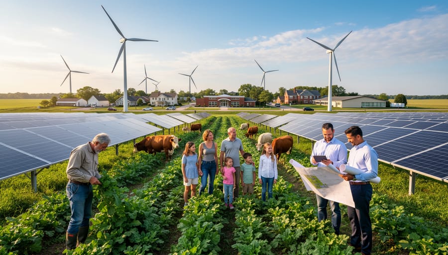 Farmer and renewable energy consultant shaking hands in field with solar panels visible in background